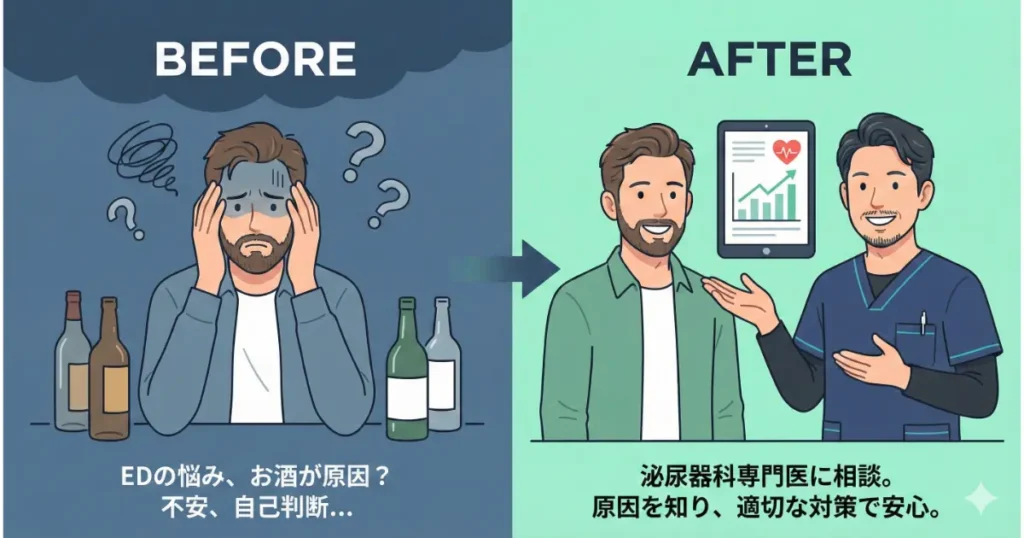 やすだ泌尿器科クリニックのクリニックブログのアイキャッチ画像　EDと飲酒の関係
